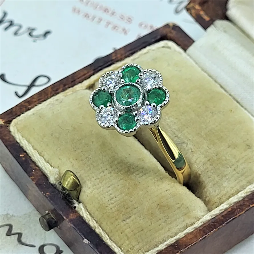 18ct Yellow Gold Emerald & Diamond Daisy Ring-emerald-and-diamond-daisy-cluster-dublin.webp