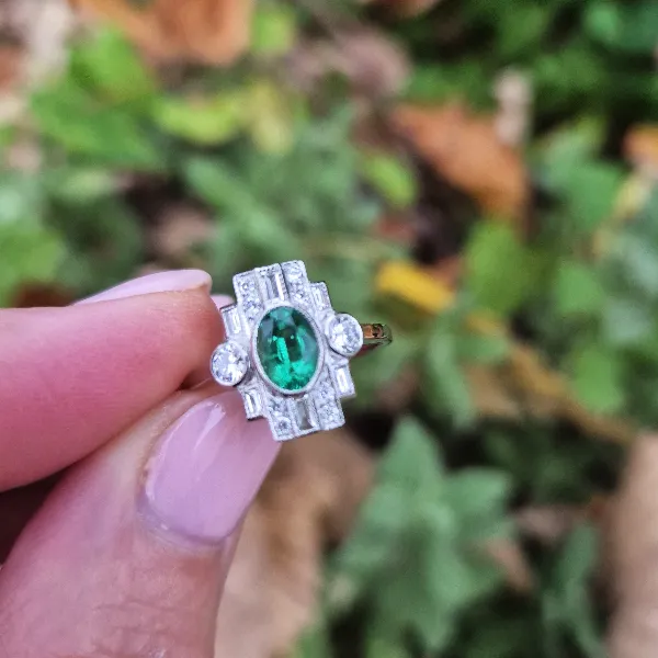 Platinum Diamond & Emerald Art Deco Ring-emerald-diamond-art-deco-geometrical-ring.webp