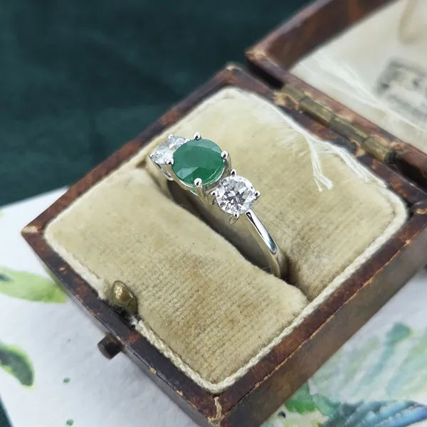Emerald & Diamond Trilogy Ring in 18ct White Gold- Front View 