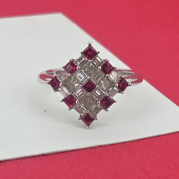 18ct White Gold Fancy Ruby & Diamond Ring- Crown View 