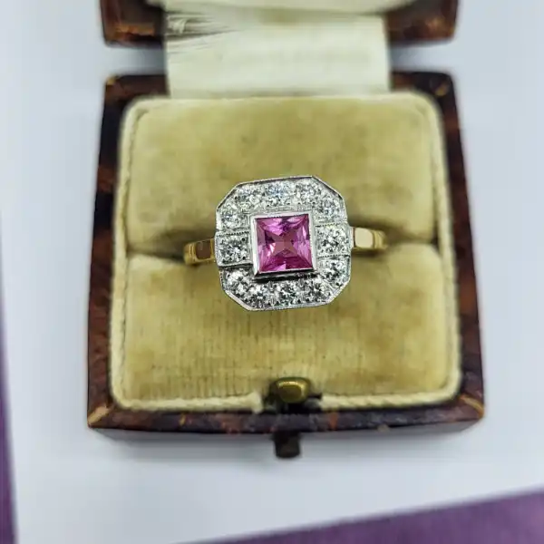 18ct Art Deco Pink Sapphire & Diamond Ring-pink-sapphire-diamond-ring-in-18ct-art-deco.webp