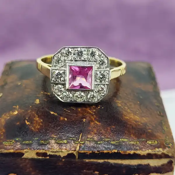 18ct Art Deco Pink Sapphire & Diamond Ring-pink-sapphire-diamond-ring-in-18ct-art-deco.webp