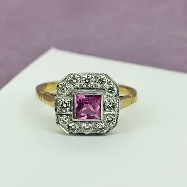 18ct Art Deco Pink Sapphire & Diamond Ring-pink-sapphire-diamond-ring-in-18ct-art-deco.webp