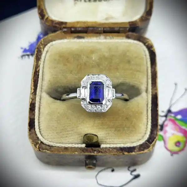 diamond Stock: Platinum Art Deco Sapphire & Diamond Ring