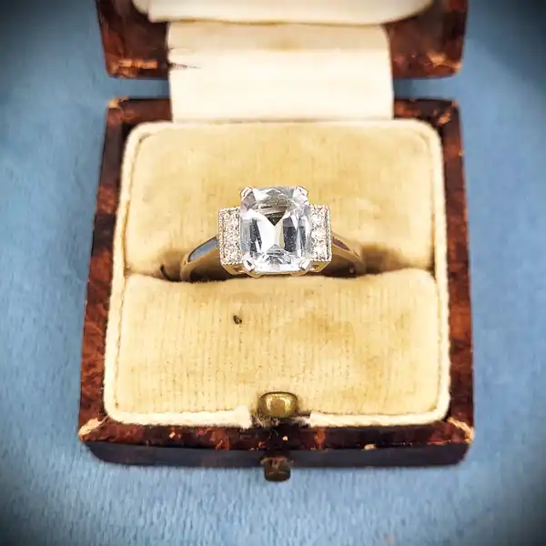 diamond Stock: Platinum Art Deco Diamond and Aquamarine Ring