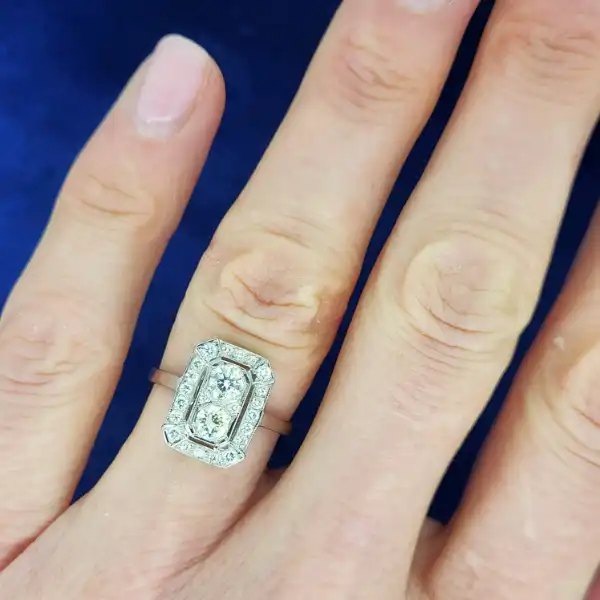 Platinum Art Deco Diamond Cluster Ring weighing 0.95cts-platinum-art-deco-ring-with-two-diamonds.webp