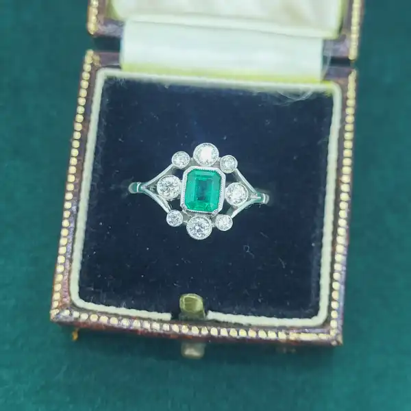 Antique Emerald & Diamond Ring set in Platinum-platinum-emerald-and-diamond-vintage-ring.webp