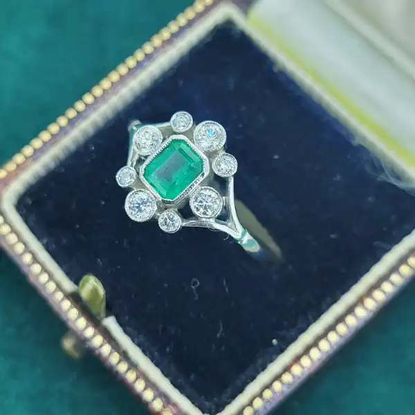 Antique Emerald & Diamond Ring set in Platinum-platinum-emerald-and-diamond-vintage-ring.webp