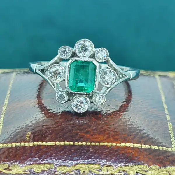 Antique Emerald & Diamond Ring set in Platinum-platinum-emerald-and-diamond-vintage-ring.webp