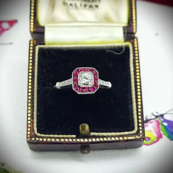 diamond Stock: Platinum Pink Ruby and Diamond Art Deco Ring