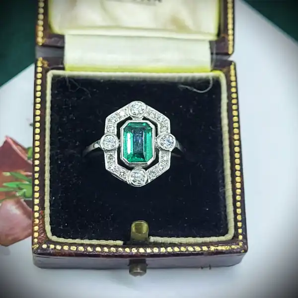 Emerald Rings Ireland  - Platinum Art Deco Emerald and Diamond Ring
