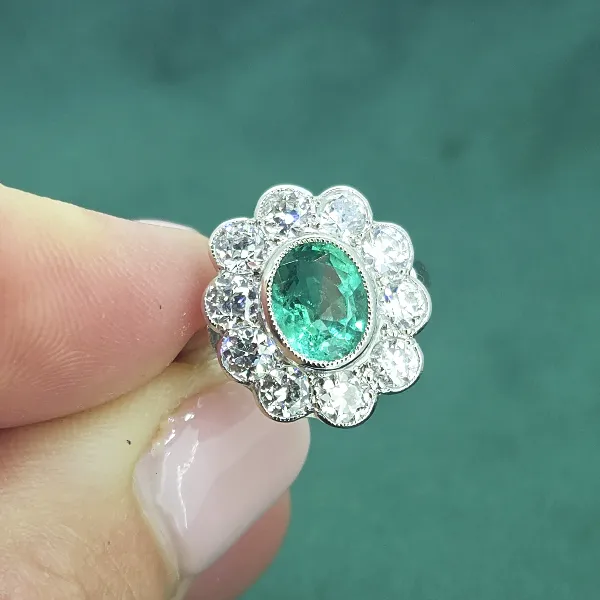 Platinum Victorian Emerald & Diamond Cluster-platinum-victorian-emerald-diamond-floral-cluster.webp