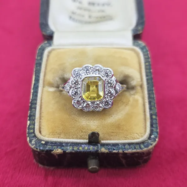 Platinum Yellow Sapphire & Diamond Art Deco Style Ring- Side View 