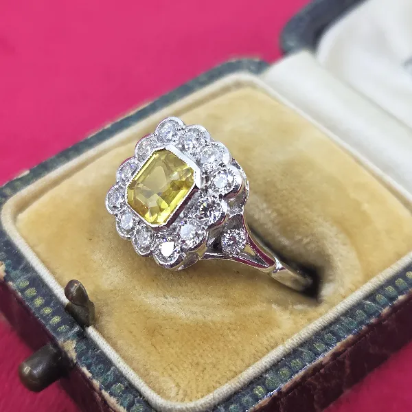 Platinum Yellow Sapphire & Diamond Art Deco Style Ring- Front View 