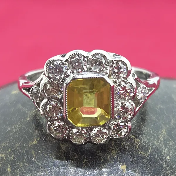 Platinum Yellow Sapphire & Diamond Art Deco Style Ring- Reverse Angle 