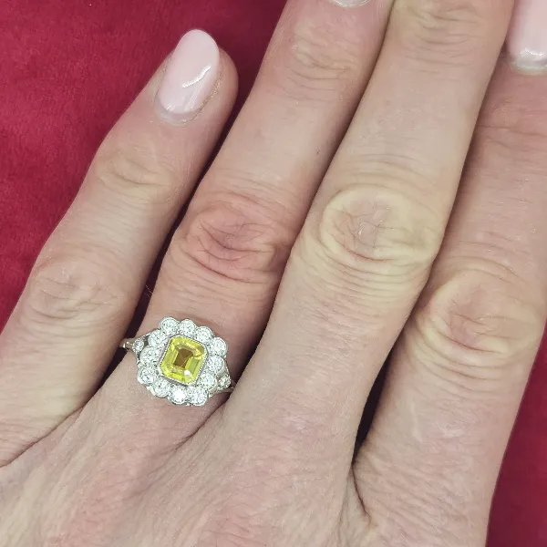 Platinum Yellow Sapphire & Diamond Art Deco Style Ring- Crown View 