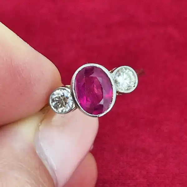 18ct Rub-Over Traditional Ruby and Diamond Trilogy Ring-ruby-and-diamond-rubover-trilogy-ring.webp