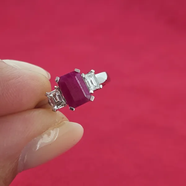 Ruby & Diamond Three Stone Ring- Front View 