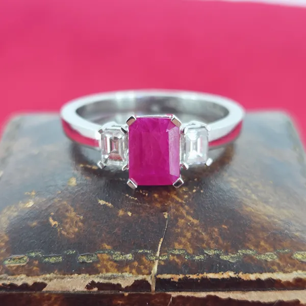 Ruby & Diamond Three Stone Ring- Close Up 