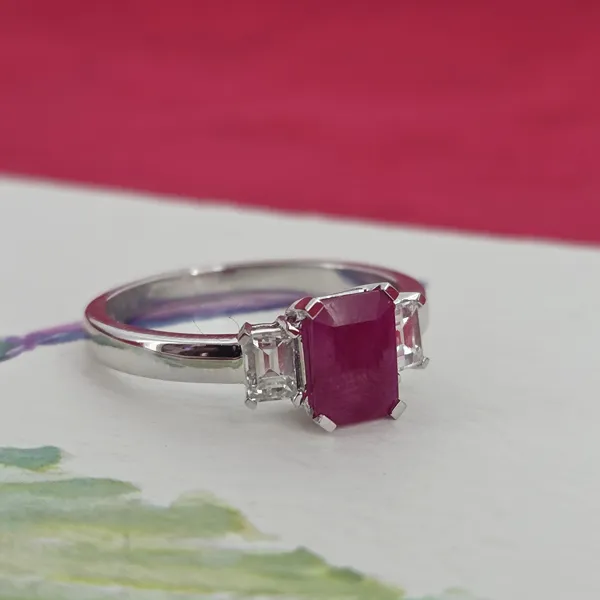 Ruby & Diamond Three Stone Ring- Magnified 