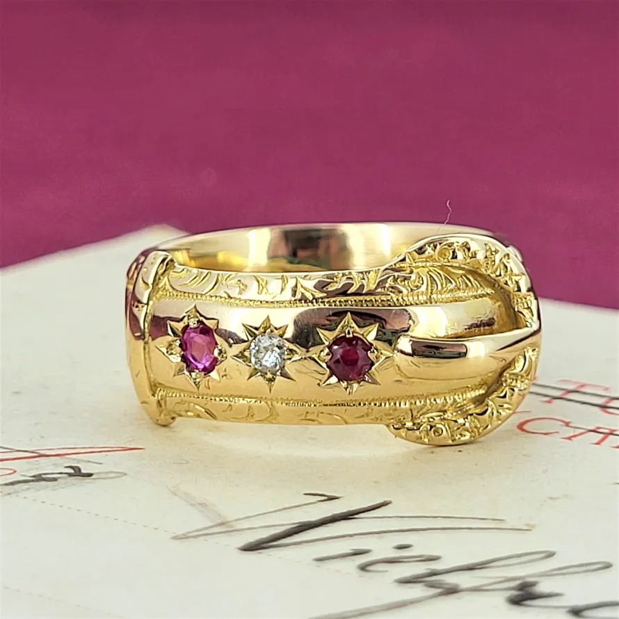 Date 1898!  Ruby & Diamond Buckle Ring-ruby-ring-chester-hallmark.webp
