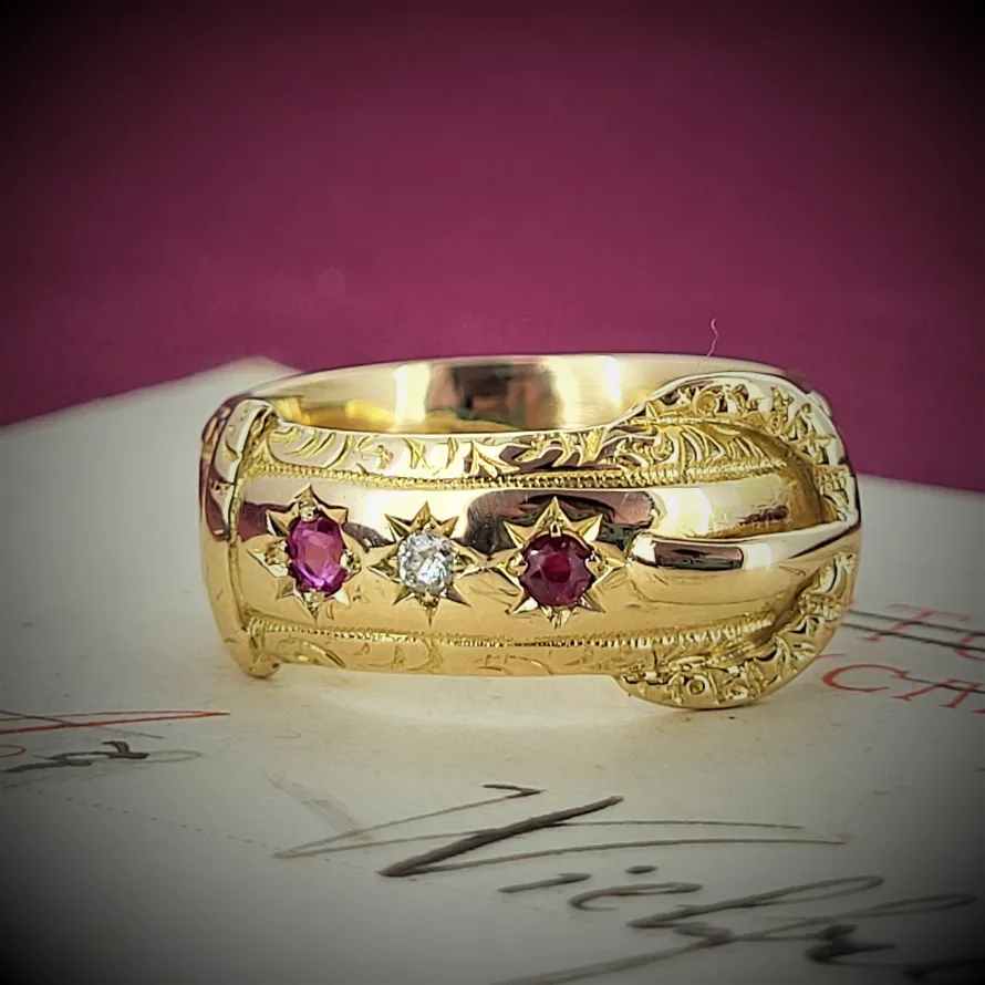 Date 1898!  Ruby & Diamond Buckle Ring-ruby-ring-chester-hallmark.webp