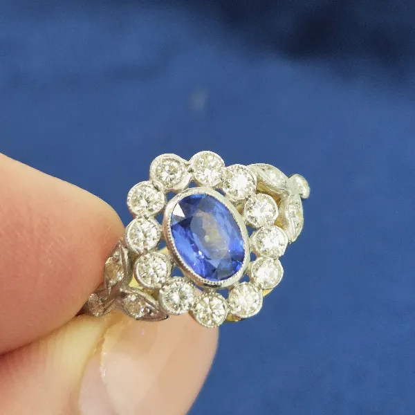 Sapphire & Diamond Cluster Ring-sapphire-diamond-floral-cluster-plat-18ct-gold.webp