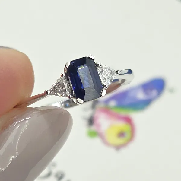 Sapphire and Diamond Trilogy Ring in 18ct White Gold- Close Up 