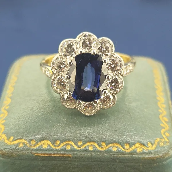Victorian Sapphire and Diamond Cluster Ring- Close Up 