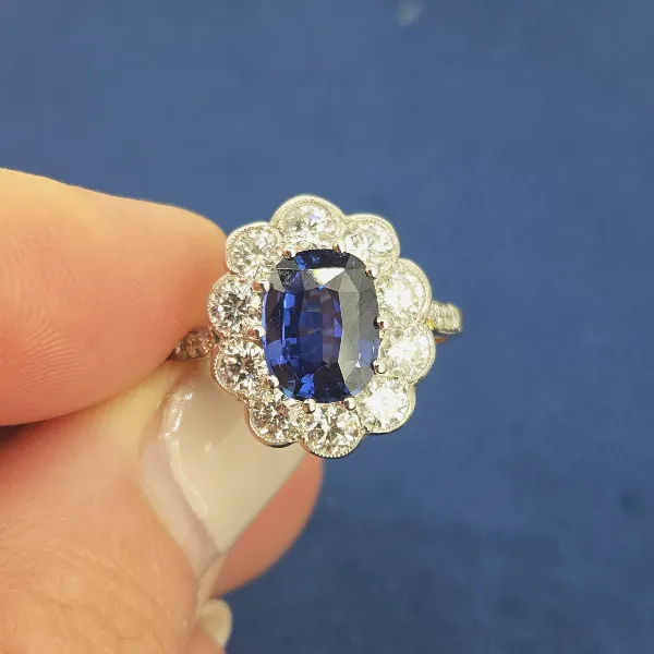 Victorian Sapphire and Diamond Cluster Ring- Reverse Angle 