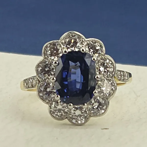 Victorian Sapphire and Diamond Cluster Ring- Magnified 