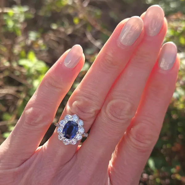 Victorian Sapphire and Diamond Cluster Ring-Left View 