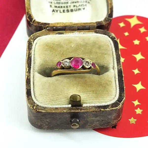 Date 1914! Antique Ruby & Diamond Twist Five Stone Ring-vintage-18ct-ruby-diamond-ring-from-1914.webp