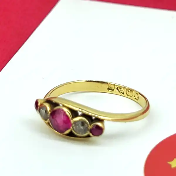 Date 1914! 18ct Gold Antique Ruby & Diamond Twist Five Stone Ring-vintage-18ct-ruby-diamond-ring-from-1914.webp
