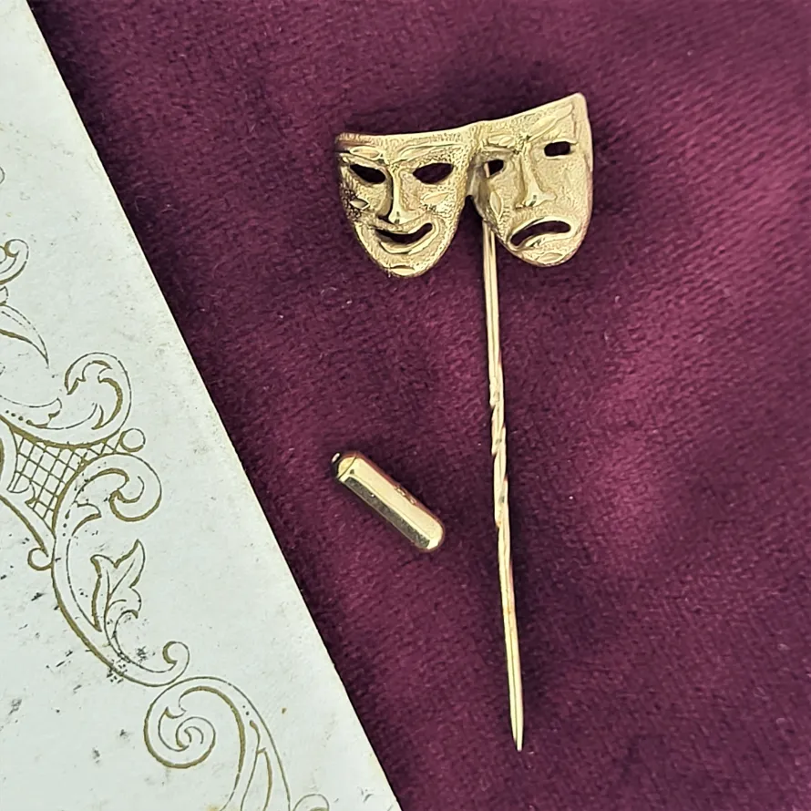 Comedy & Tragedy Tie Pin in 9ct Gold-comedy-and-tragedy-theatre-mask-tie-pin-dublin.webp